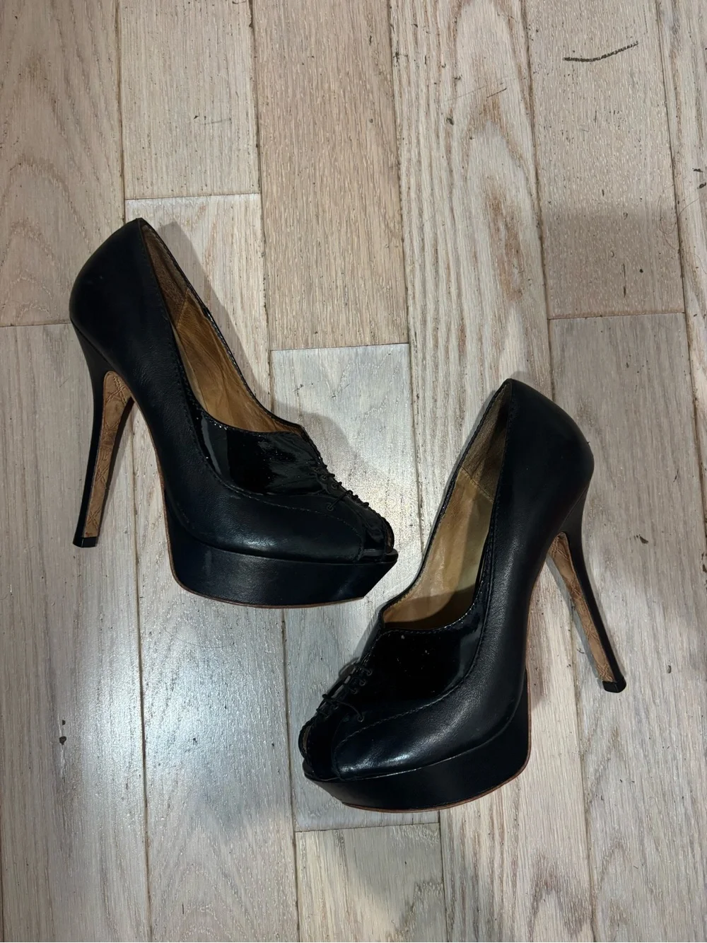 L.A.M.B. Black Platform Peep-Toe Stilettos